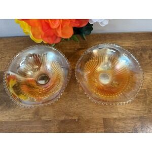 Vintage Marigold Carnival Glass‎ Footed Bowls Beaded Edge Diamond Pattern Set